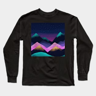 Blue, Teal, Pink & Gold Watercolour Style Mountain Scene at Sunset Long Sleeve T-Shirt